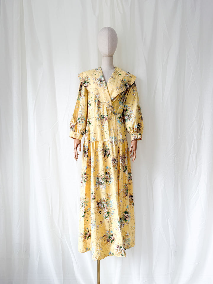 Insane 1950s Yellow Floral Cotton Wrap Robe Maxi Dress