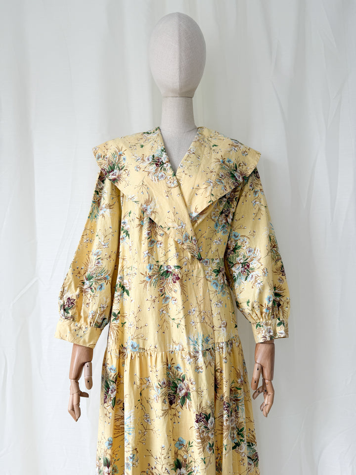Insane 1950s Yellow Floral Cotton Wrap Robe Maxi Dress