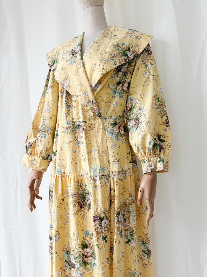 Insane 1950s Yellow Floral Cotton Wrap Robe Maxi Dress