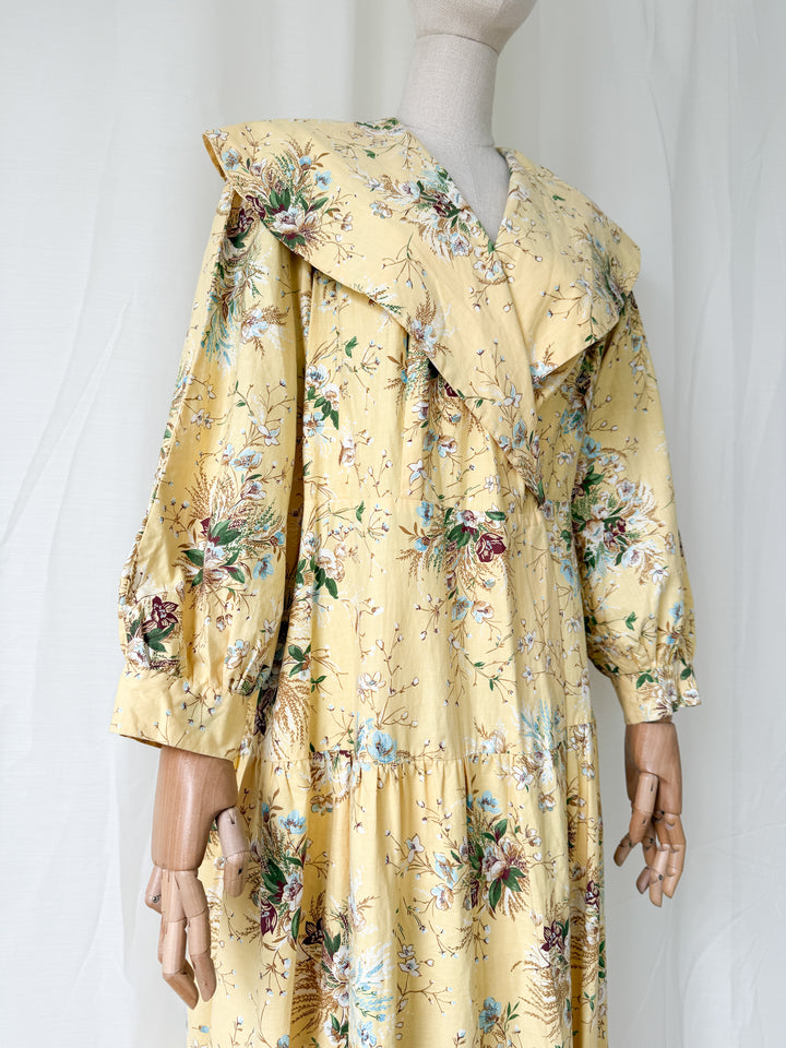 Insane 1950s Yellow Floral Cotton Wrap Robe Maxi Dress