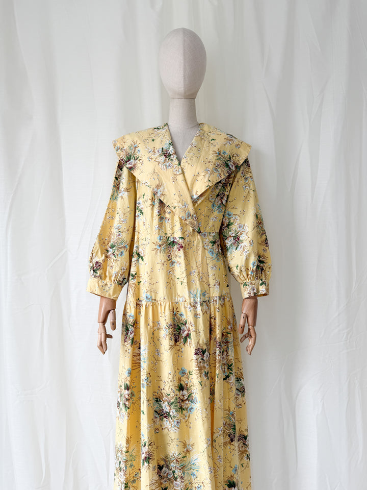 Insane 1950s Yellow Floral Cotton Wrap Robe Maxi Dress