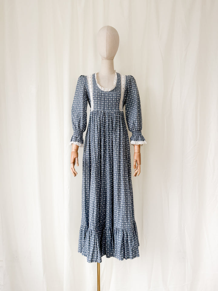 Precious Holy Grail Rare 1970s Laura Ashley Slate Blue Cotton Maxi Dress