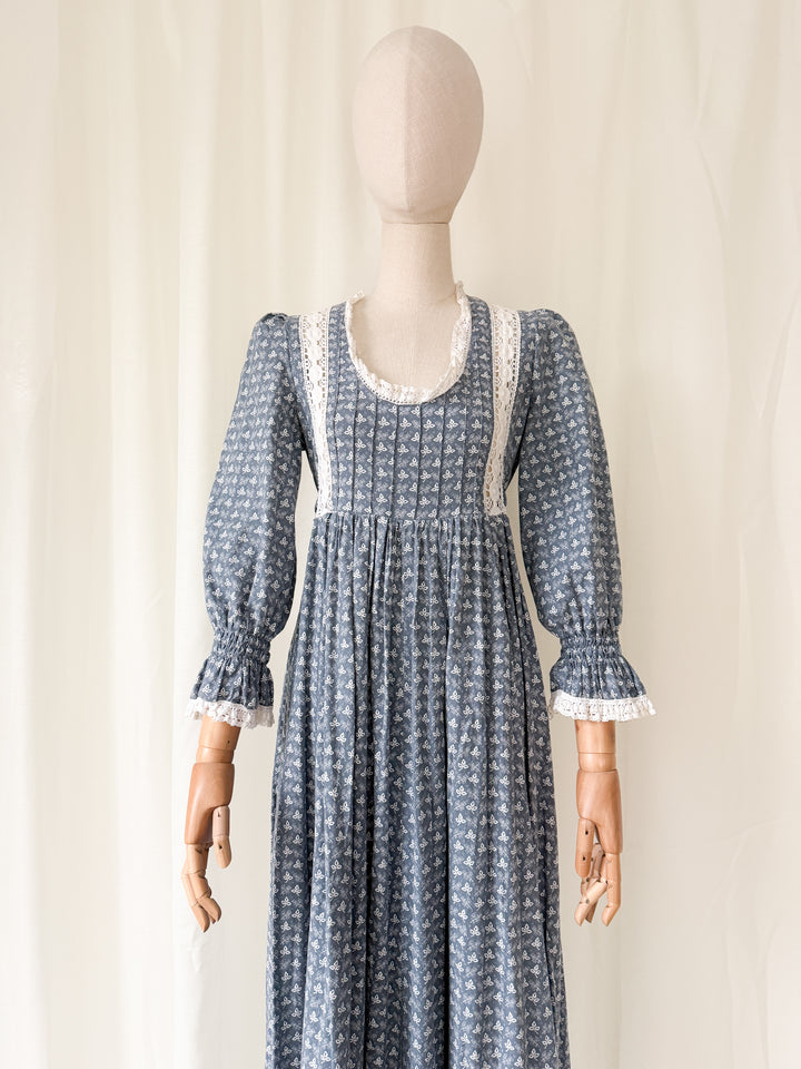Precious Holy Grail Rare 1970s Laura Ashley Slate Blue Cotton Maxi Dress