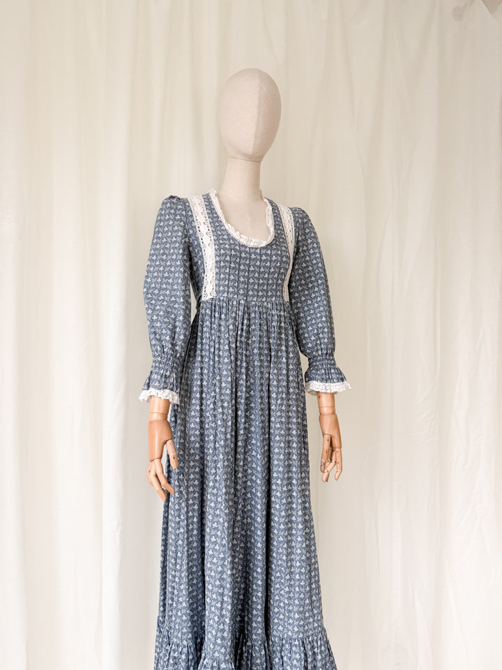 Precious Holy Grail Rare 1970s Laura Ashley Slate Blue Cotton Maxi Dress