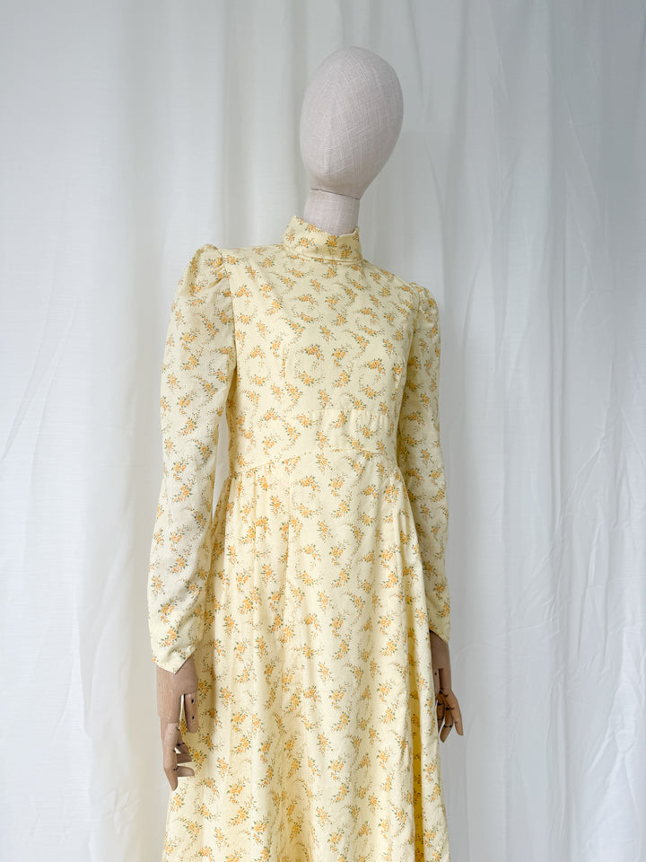 Gorgeous 1970s Lemon Floral Cotton Maxi Dress