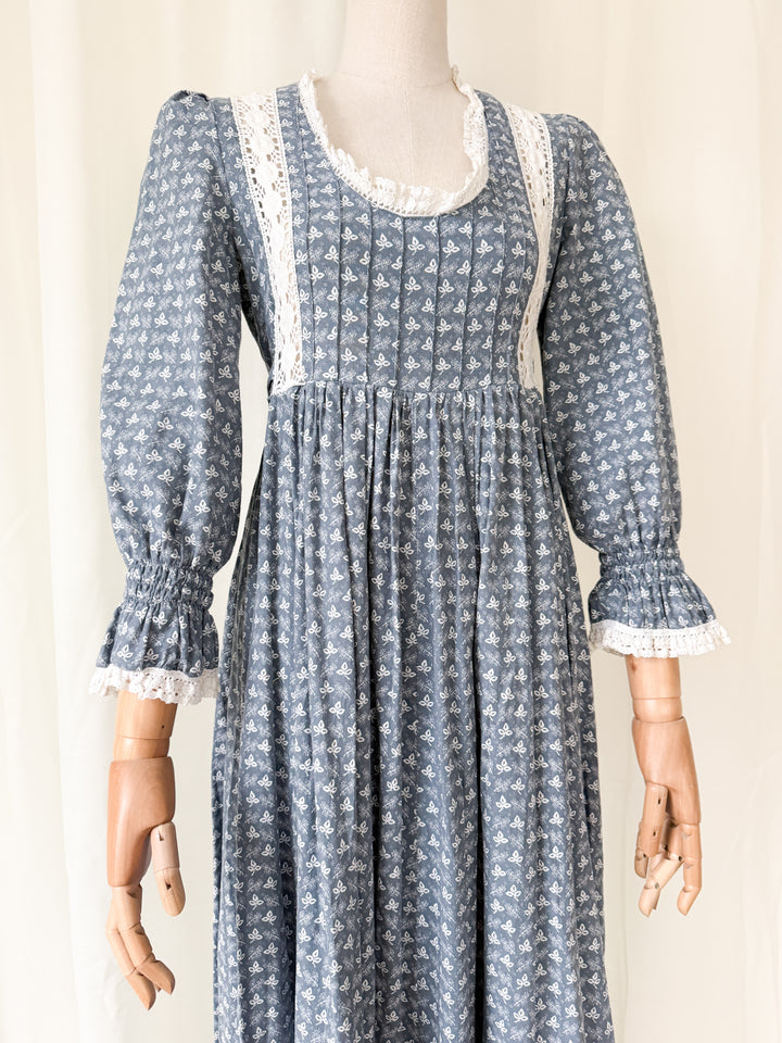 Precious Holy Grail Rare 1970s Laura Ashley Slate Blue Cotton Maxi Dress