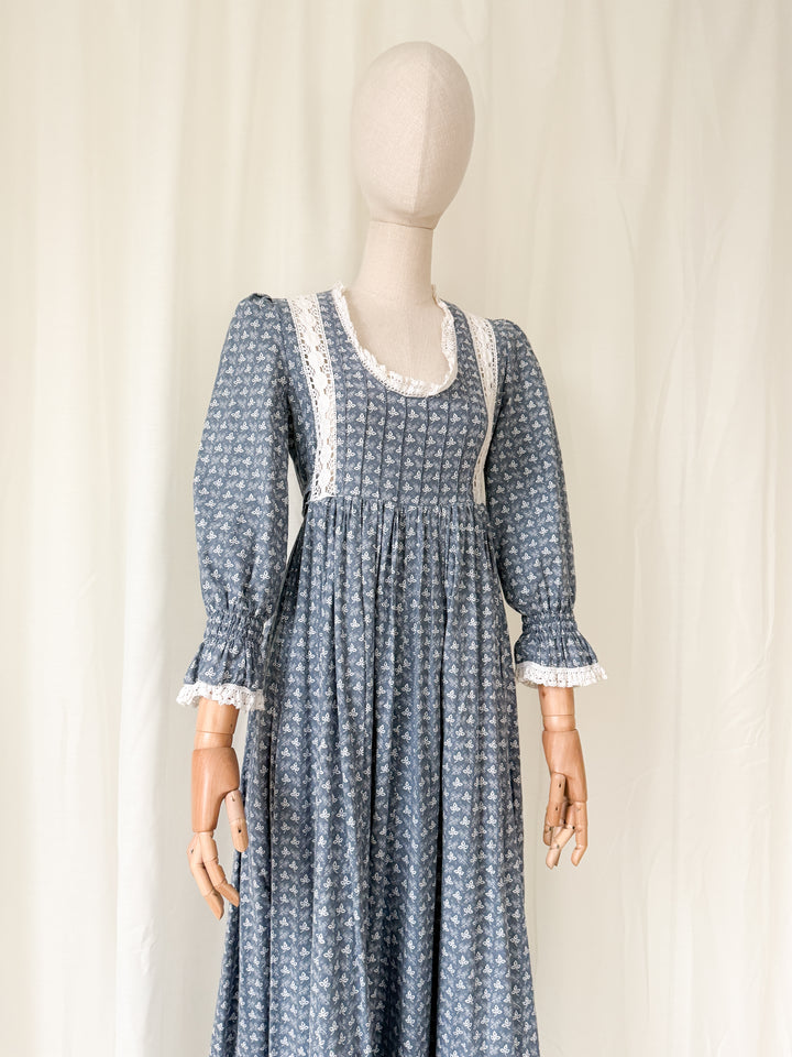 Precious Holy Grail Rare 1970s Laura Ashley Slate Blue Cotton Maxi Dress