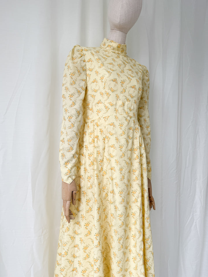 Gorgeous 1970s Lemon Floral Cotton Maxi Dress