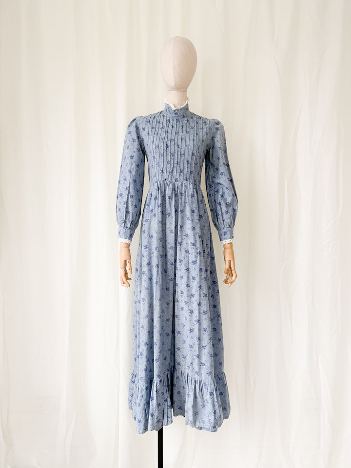 Heavenly 1970s Laura Ashley Made in Wales Soft Blue Cotton Maxi Dress