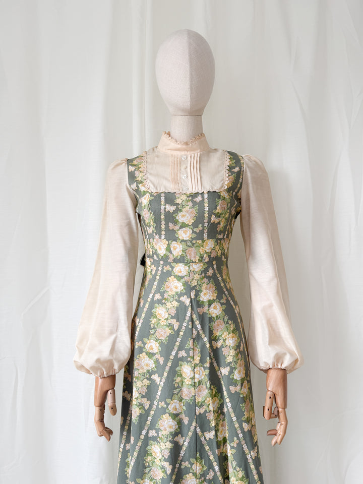 Beautiful 1970s Butterfly Floral Print Cotton Maxi Dress