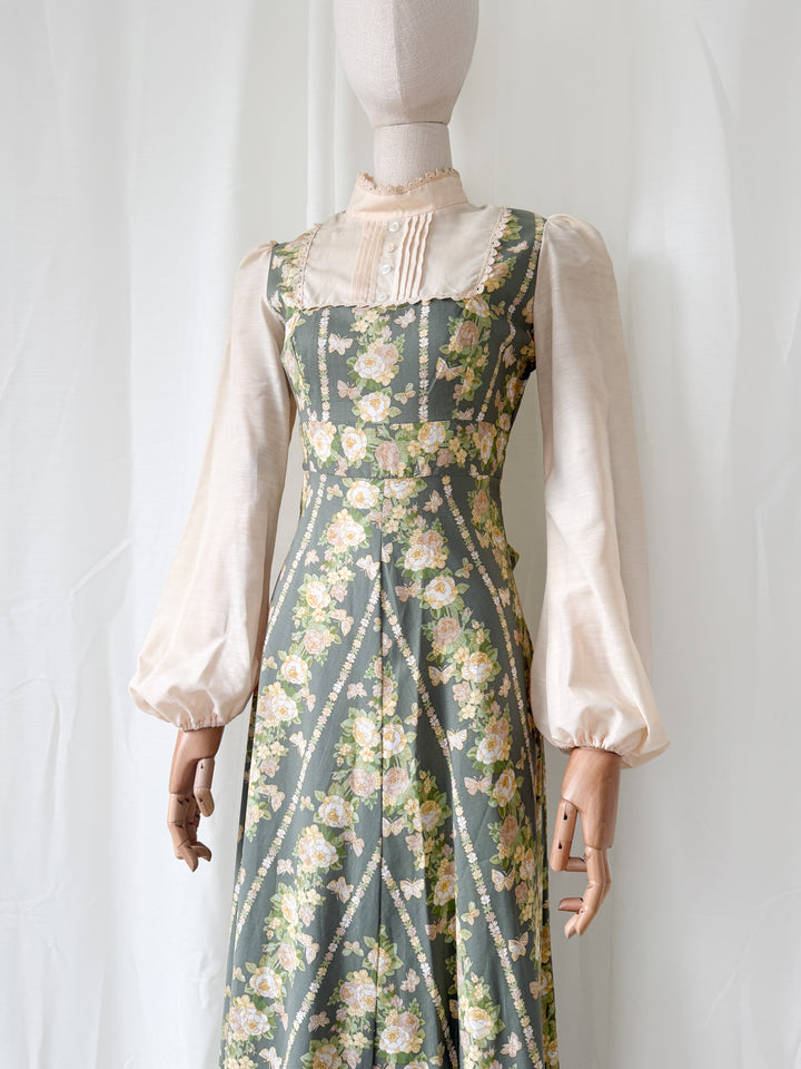 Beautiful 1970s Butterfly Floral Print Cotton Maxi Dress