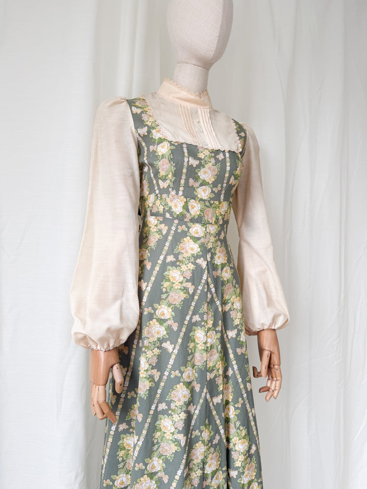 Beautiful 1970s Butterfly Floral Print Cotton Maxi Dress