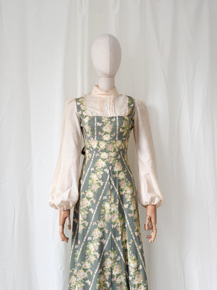 Beautiful 1970s Butterfly Floral Print Cotton Maxi Dress