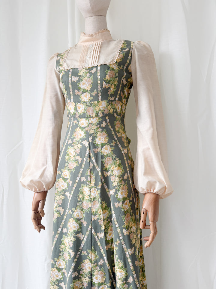 Beautiful 1970s Butterfly Floral Print Cotton Maxi Dress