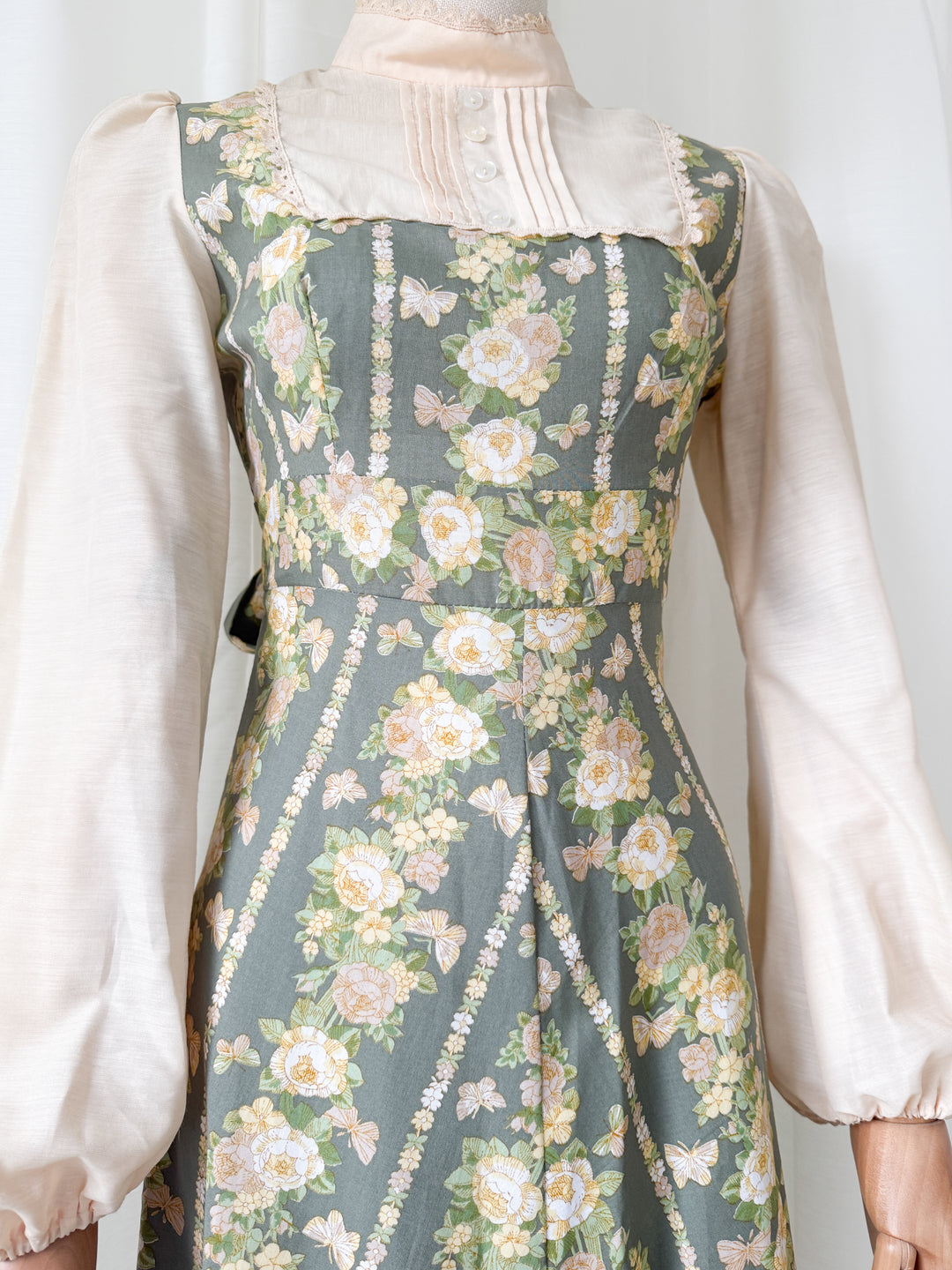 Beautiful 1970s Butterfly Floral Print Cotton Maxi Dress