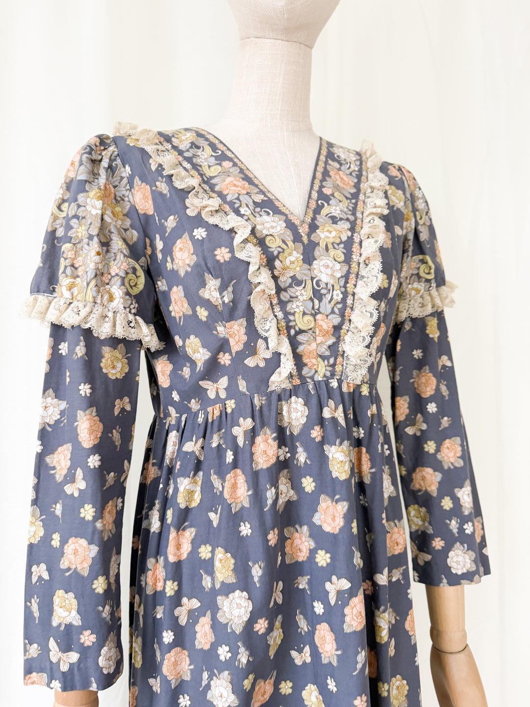 Beautiful Rare 1970s Dollyrockers Butterfly Print Cotton Maxi Dress