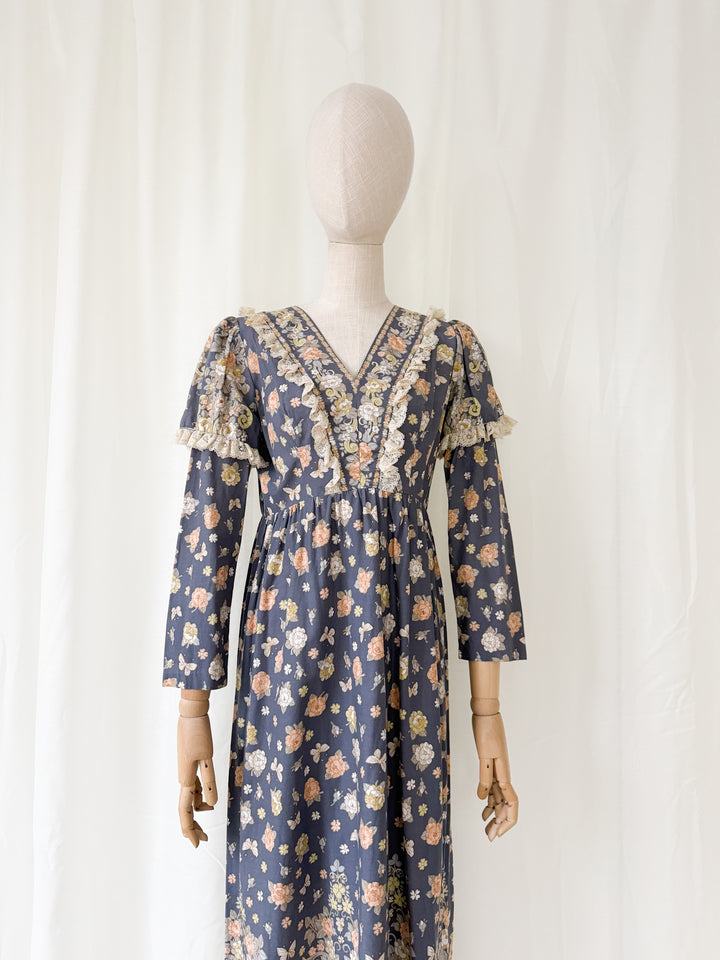 Beautiful Rare 1970s Dollyrockers Butterfly Print Cotton Maxi Dress