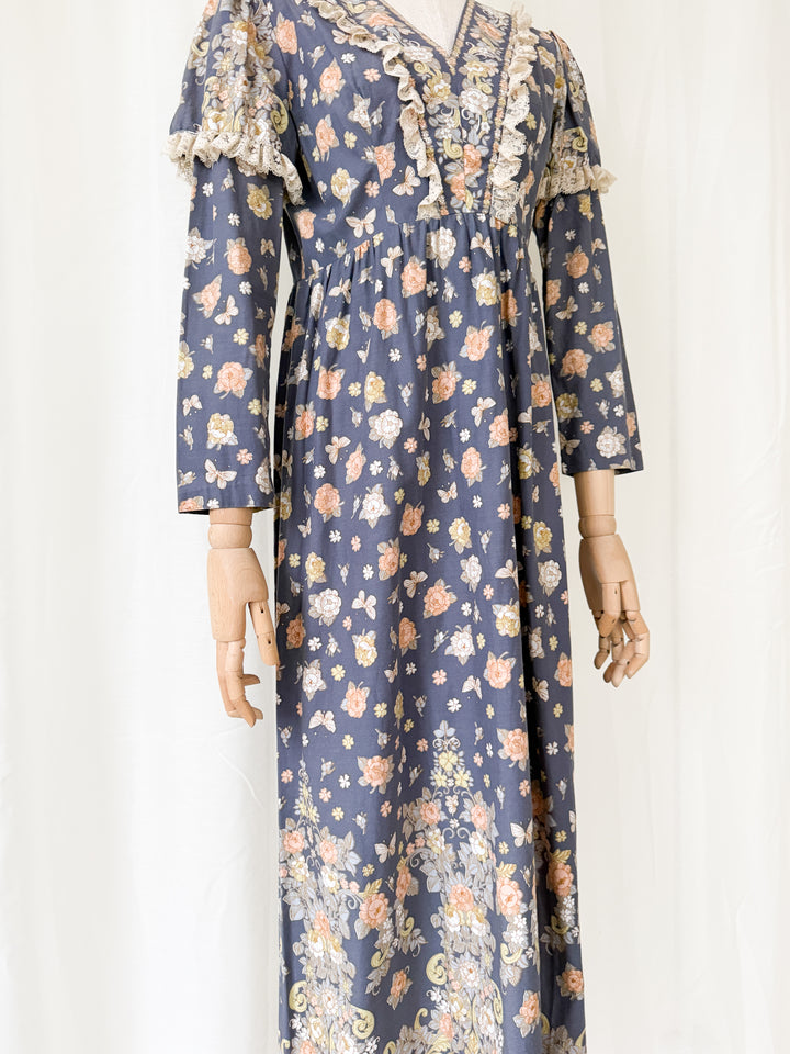Beautiful Rare 1970s Dollyrockers Butterfly Print Cotton Maxi Dress
