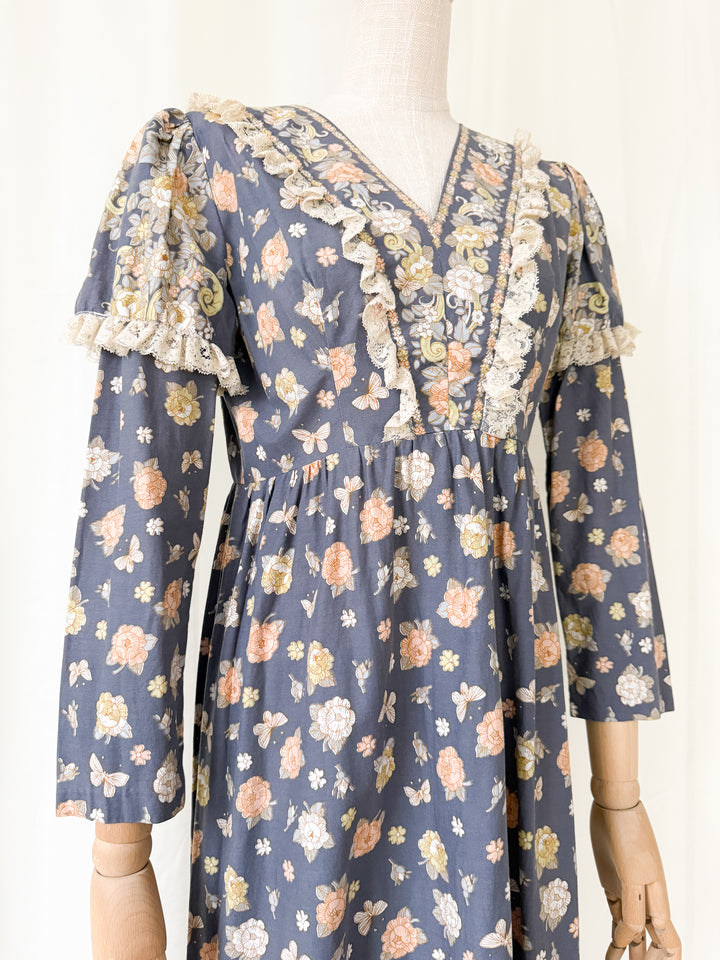 Beautiful Rare 1970s Dollyrockers Butterfly Print Cotton Maxi Dress