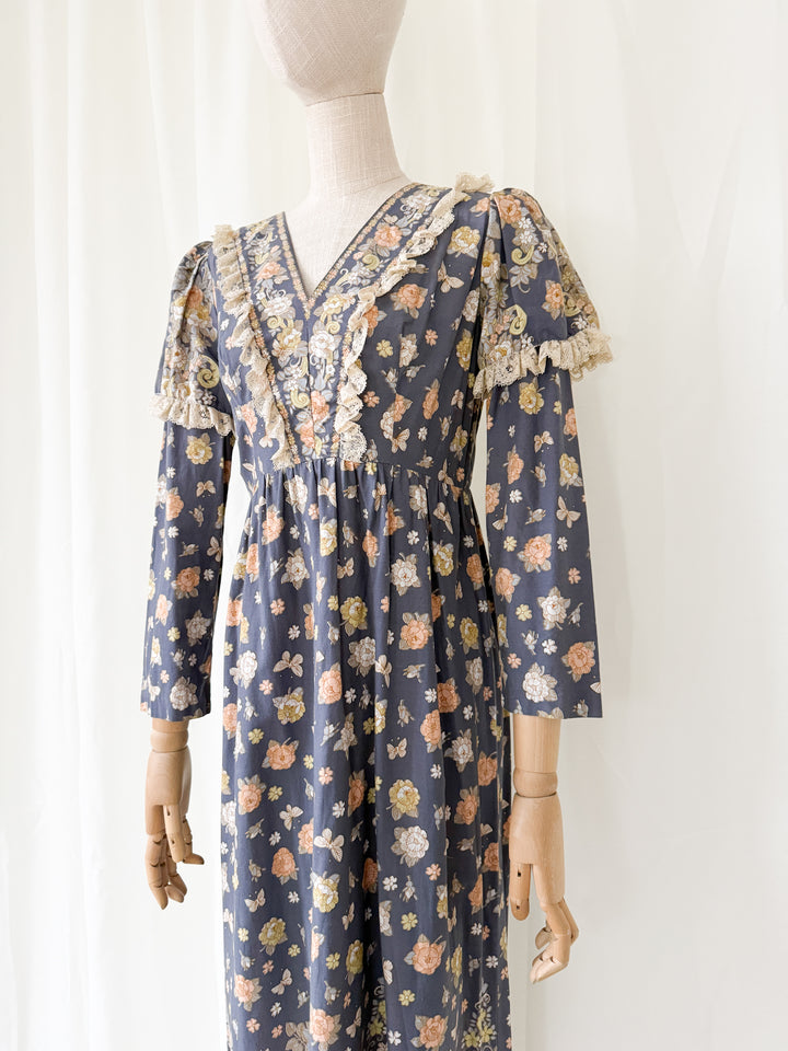 Beautiful Rare 1970s Dollyrockers Butterfly Print Cotton Maxi Dress