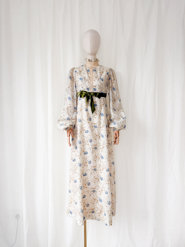 Breathtaking Rare 1970s Romantic Quad Cotton Maxi Dress