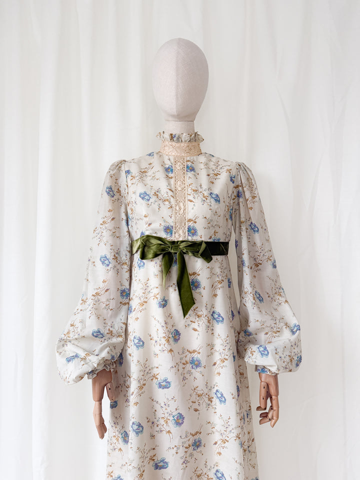 Breathtaking Rare 1970s Romantic Quad Cotton Maxi Dress