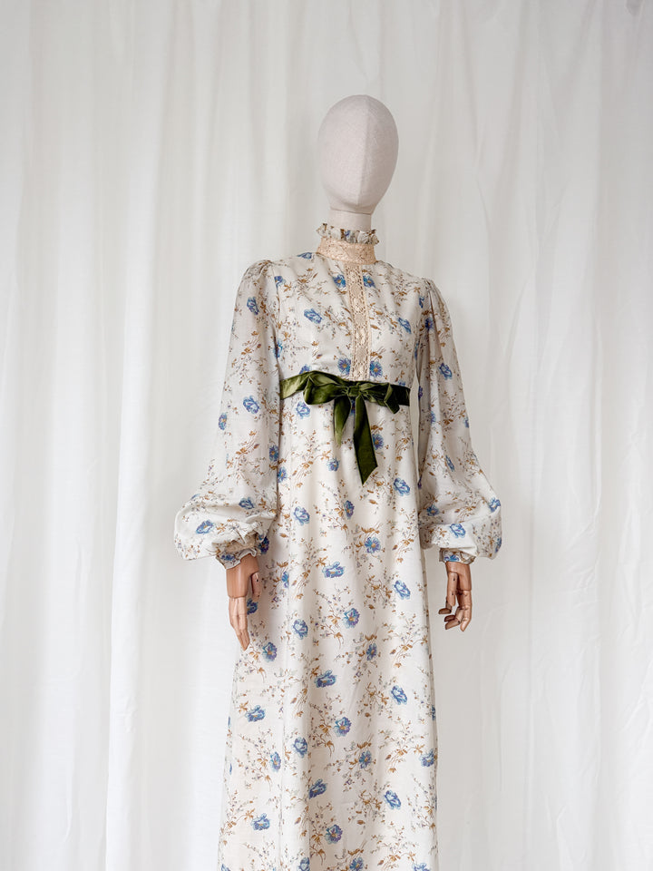 Breathtaking Rare 1970s Romantic Quad Cotton Maxi Dress