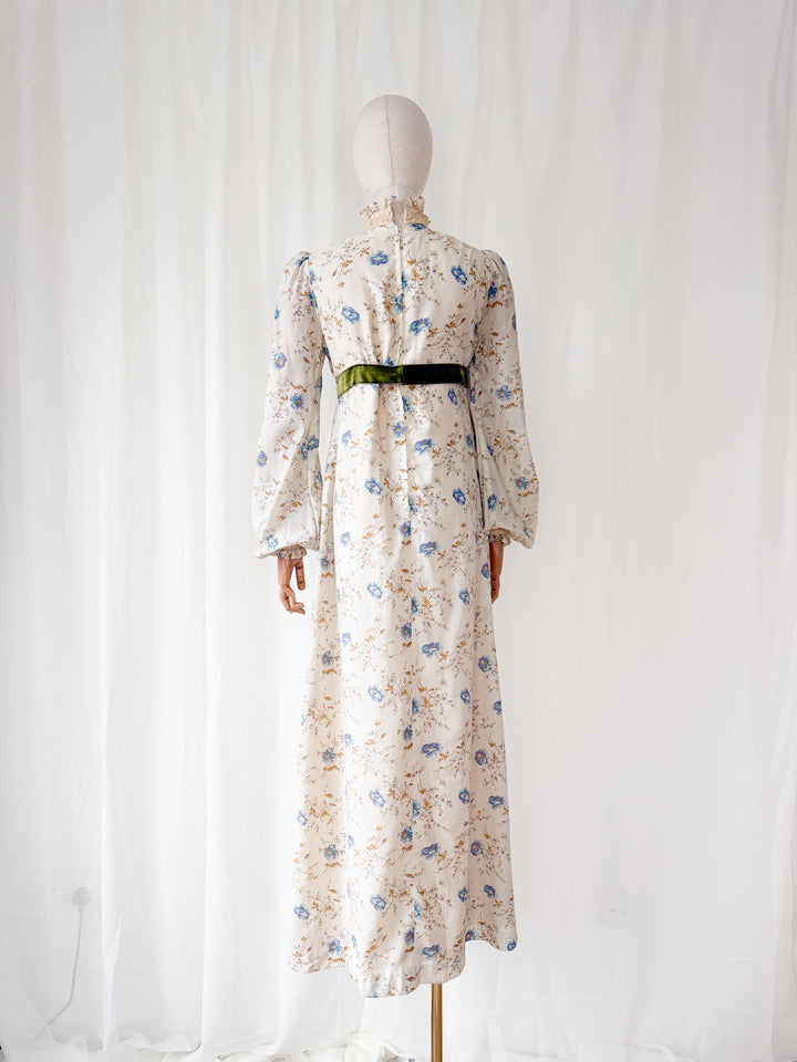 Breathtaking Rare 1970s Romantic Quad Cotton Maxi Dress