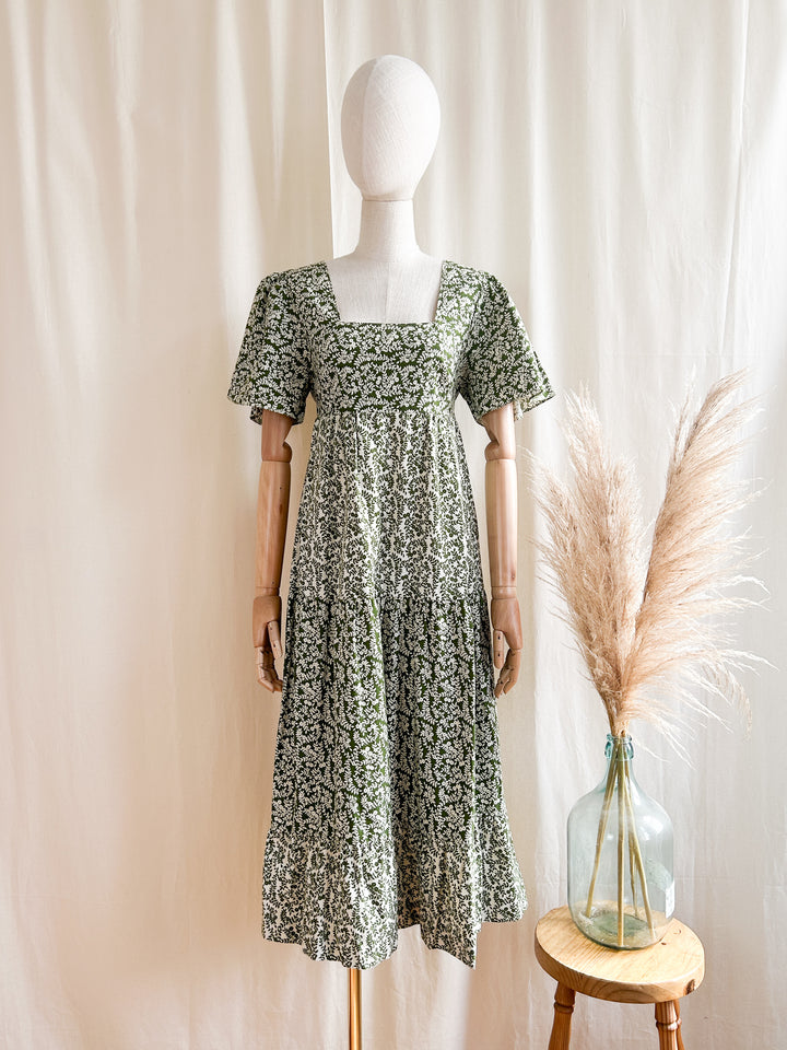 The Olive ~ dreamy green 70s st michaels tiered cotton prairie dress