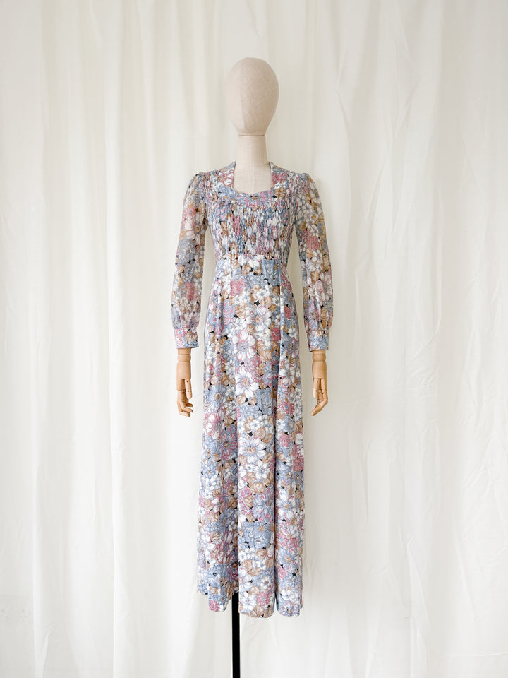 Beautiful Soft Hued Shirred Bust 1970s Cotton Maxi Dress