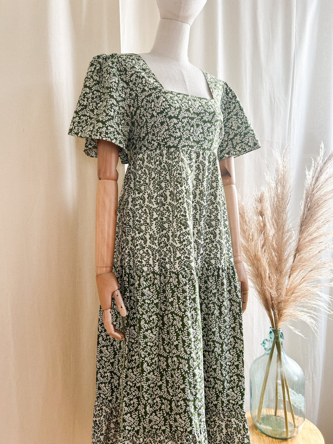 The Olive ~ dreamy green 70s st michaels tiered cotton prairie dress