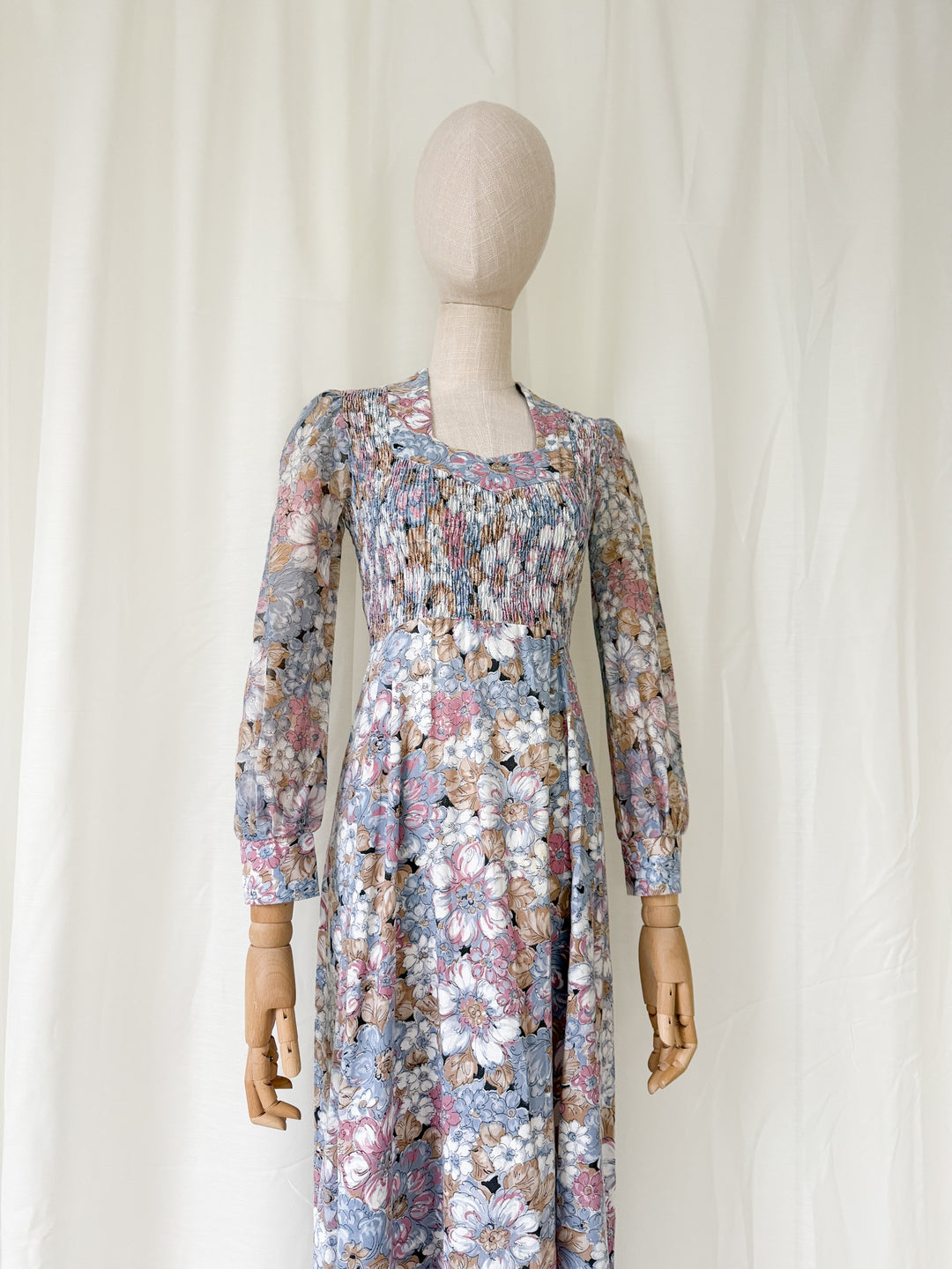 Beautiful Soft Hued Shirred Bust 1970s Cotton Maxi Dress