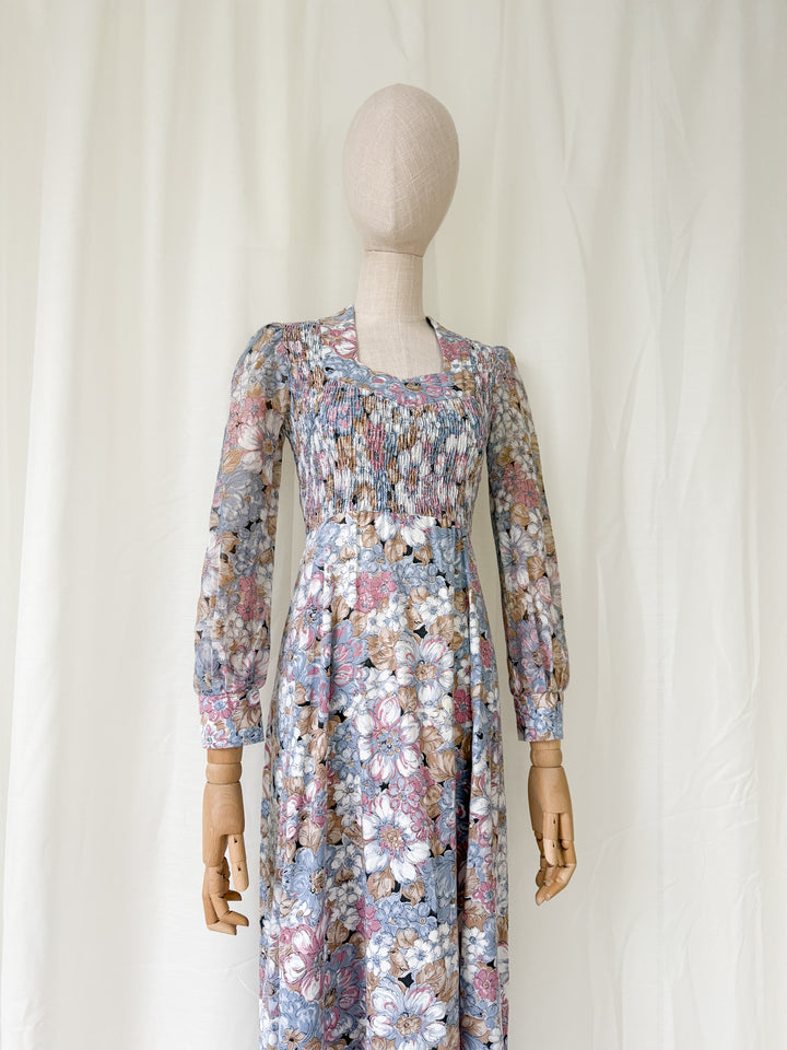 Beautiful Soft Hued Shirred Bust 1970s Cotton Maxi Dress