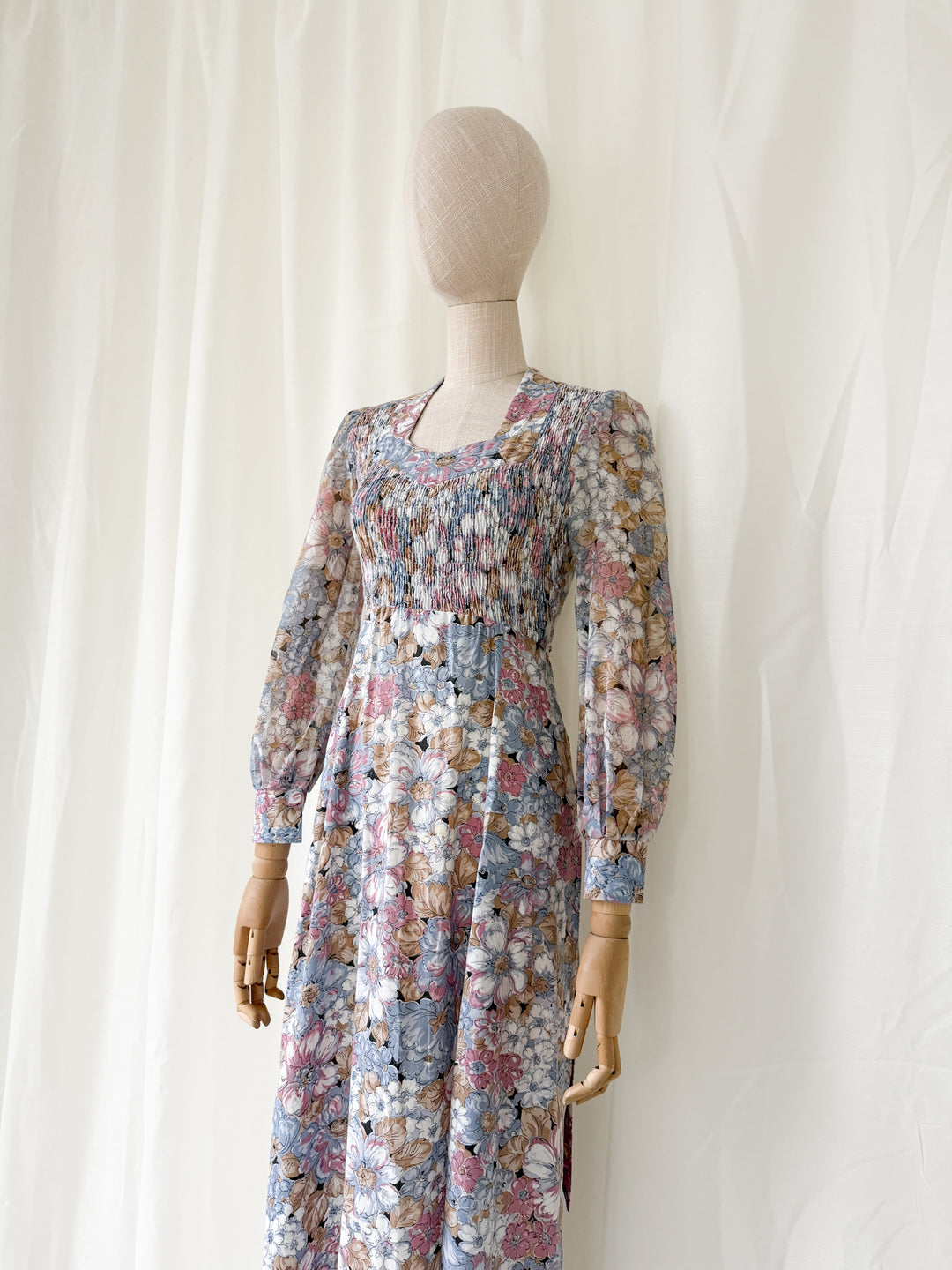 Beautiful Soft Hued Shirred Bust 1970s Cotton Maxi Dress