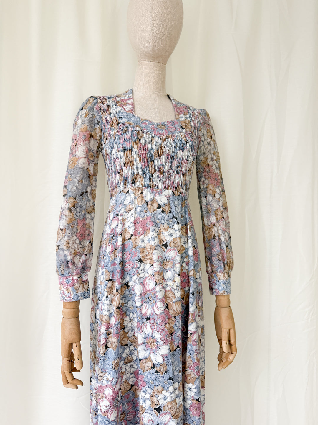 Beautiful Soft Hued Shirred Bust 1970s Cotton Maxi Dress