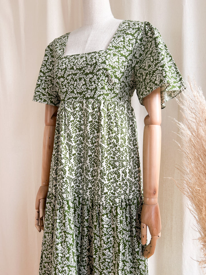 The Olive ~ dreamy green 70s st michaels tiered cotton prairie dress