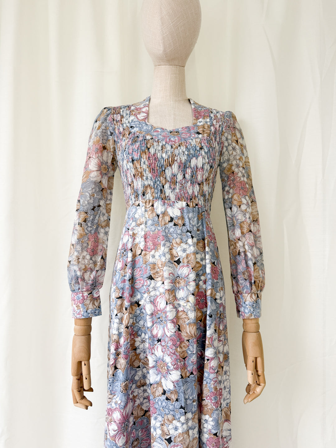 Beautiful Soft Hued Shirred Bust 1970s Cotton Maxi Dress