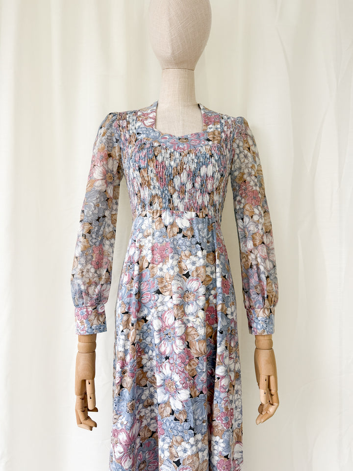 Beautiful Soft Hued Shirred Bust 1970s Cotton Maxi Dress