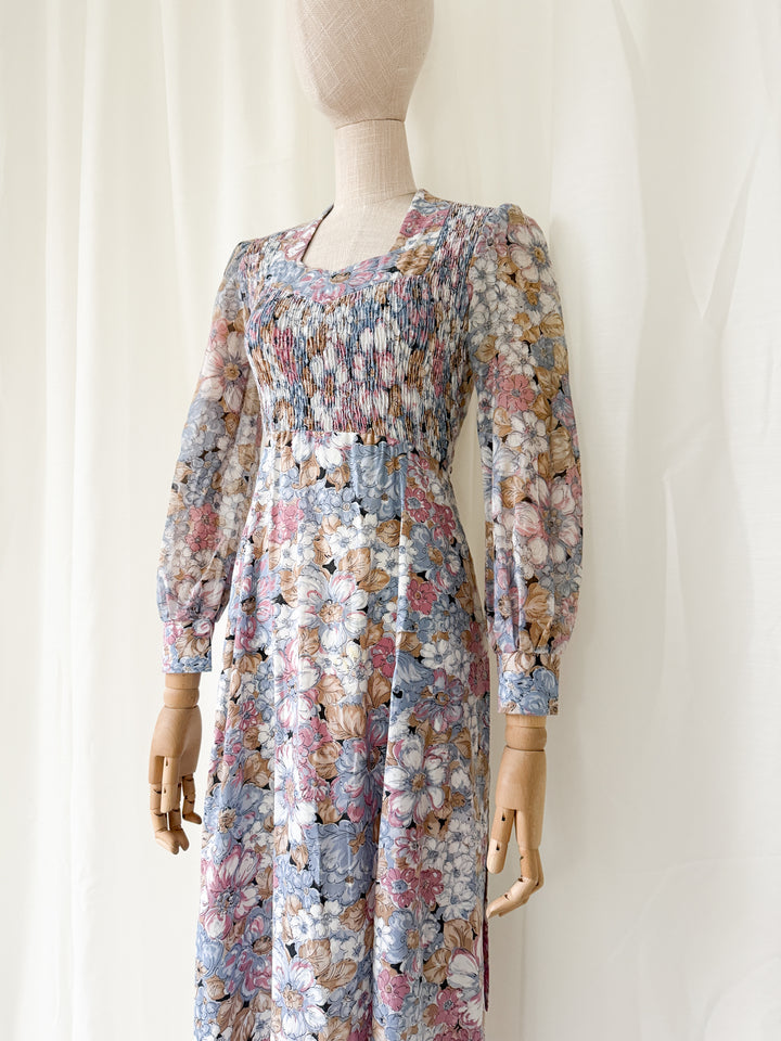 Beautiful Soft Hued Shirred Bust 1970s Cotton Maxi Dress
