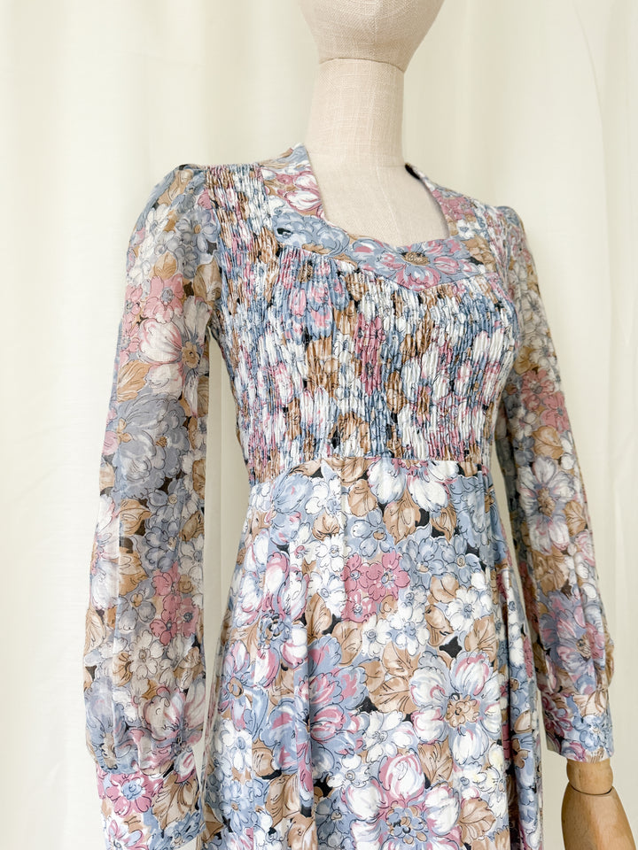 Beautiful Soft Hued Shirred Bust 1970s Cotton Maxi Dress