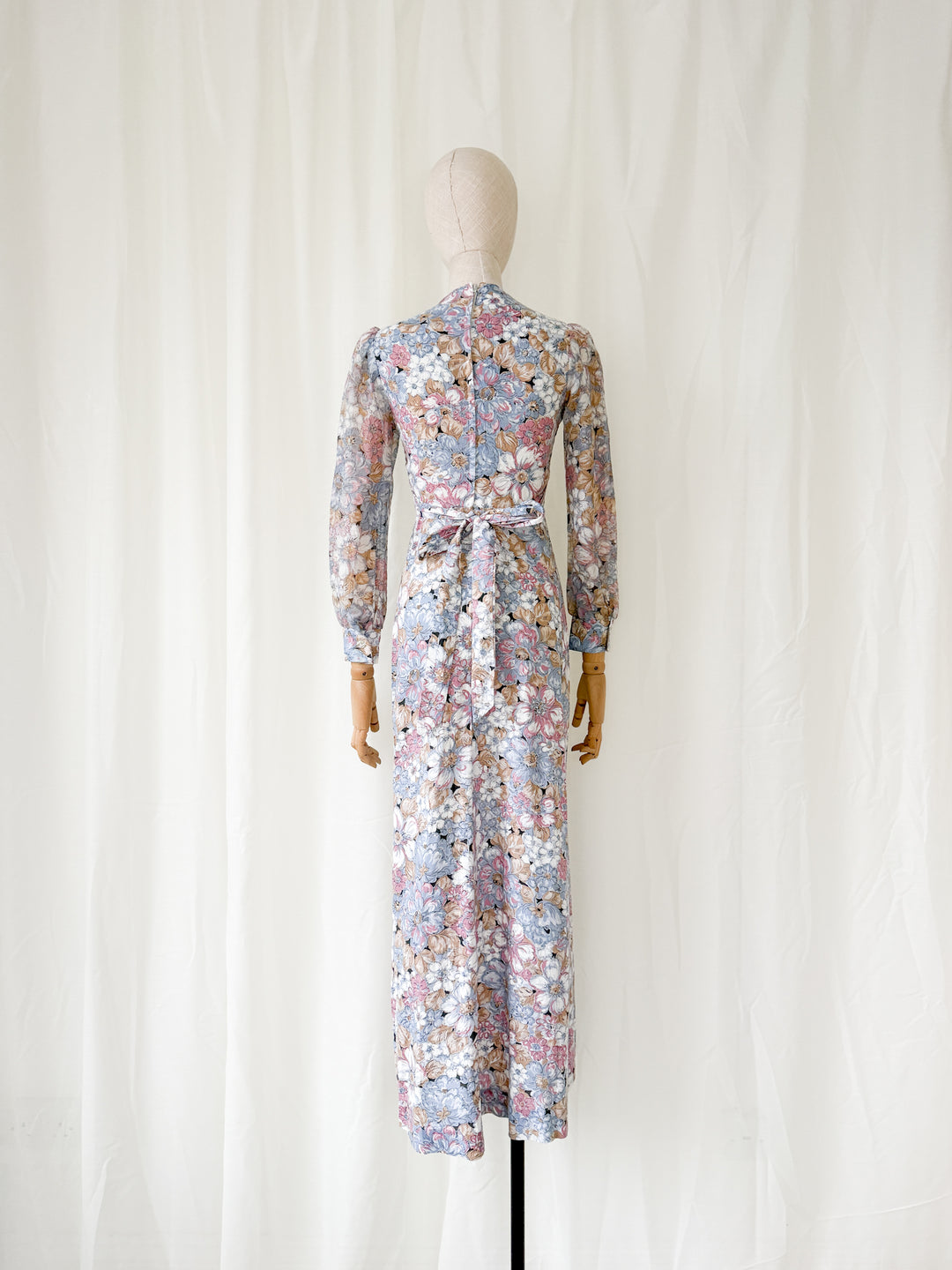 Beautiful Soft Hued Shirred Bust 1970s Cotton Maxi Dress