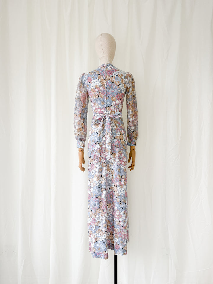 Beautiful Soft Hued Shirred Bust 1970s Cotton Maxi Dress