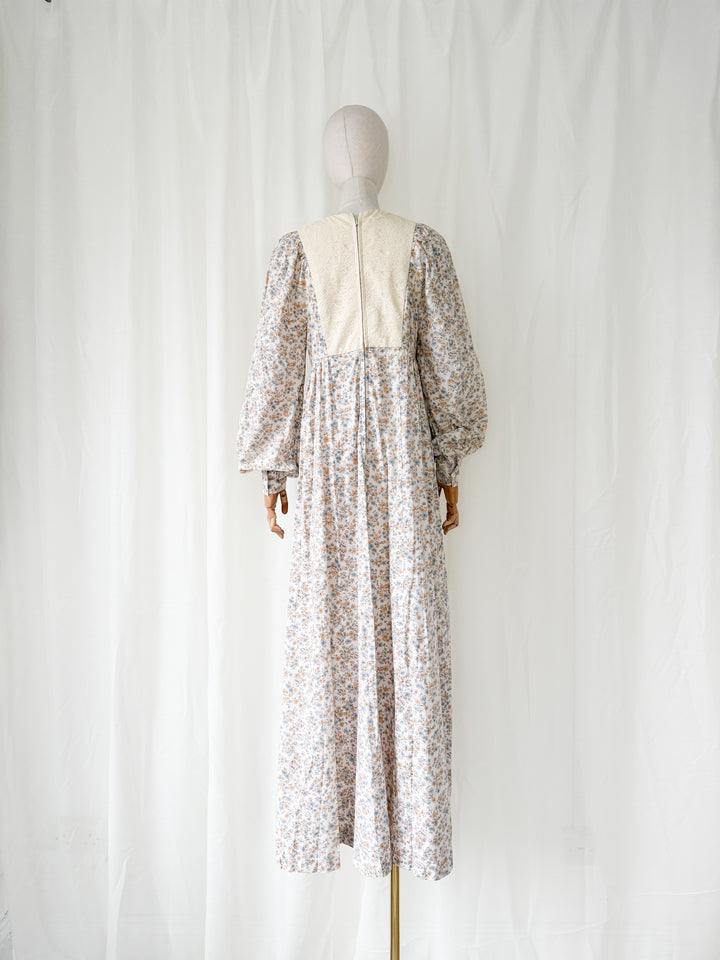 Ethereal Rare 1970s Lace Bodice Billowy Cotton Maxi Dress