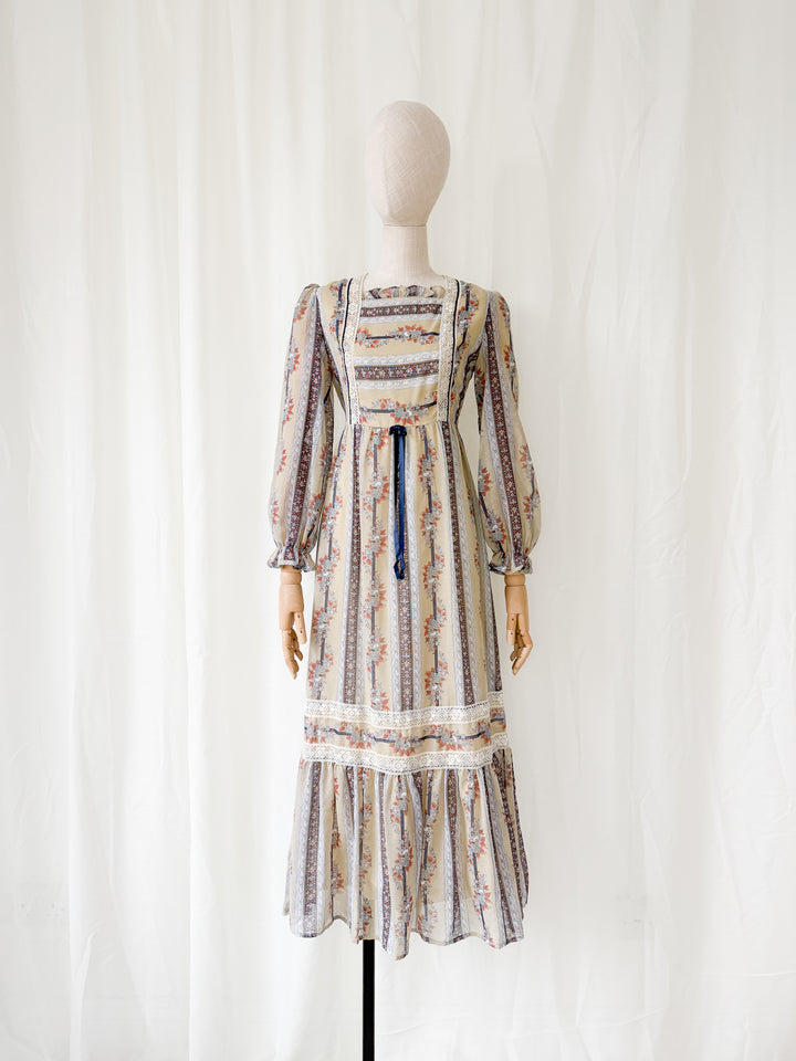 Rustic 1970s Floral Cotton Maxi Dress