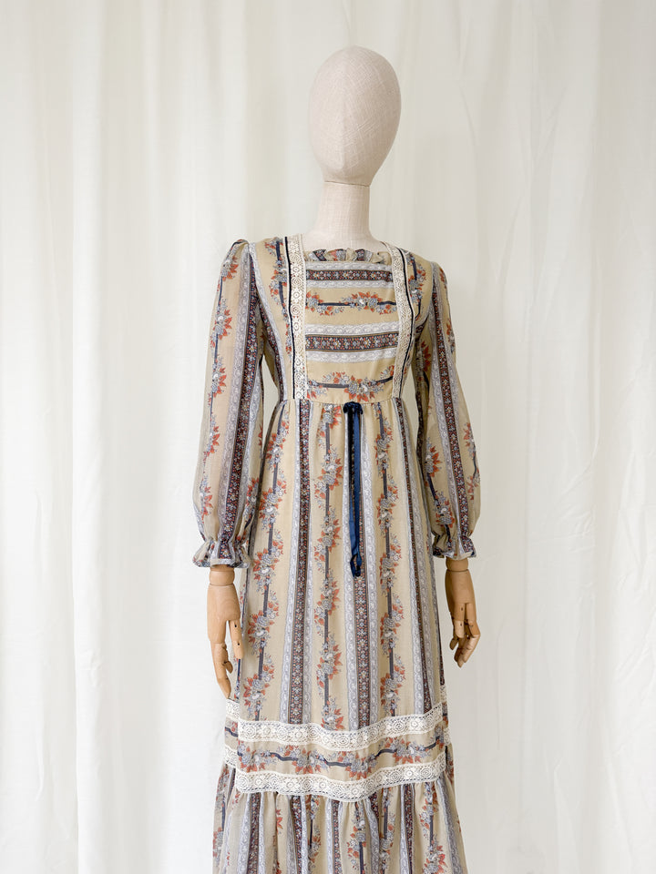 Rustic 1970s Floral Cotton Maxi Dress
