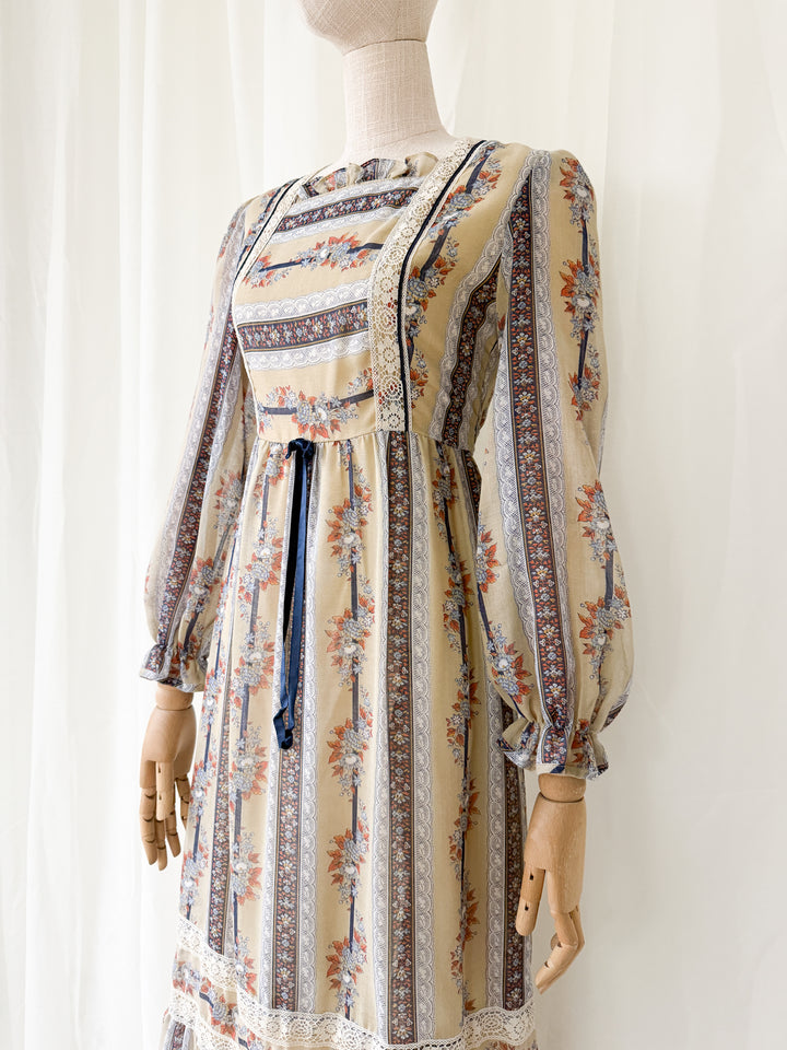 Rustic 1970s Floral Cotton Maxi Dress