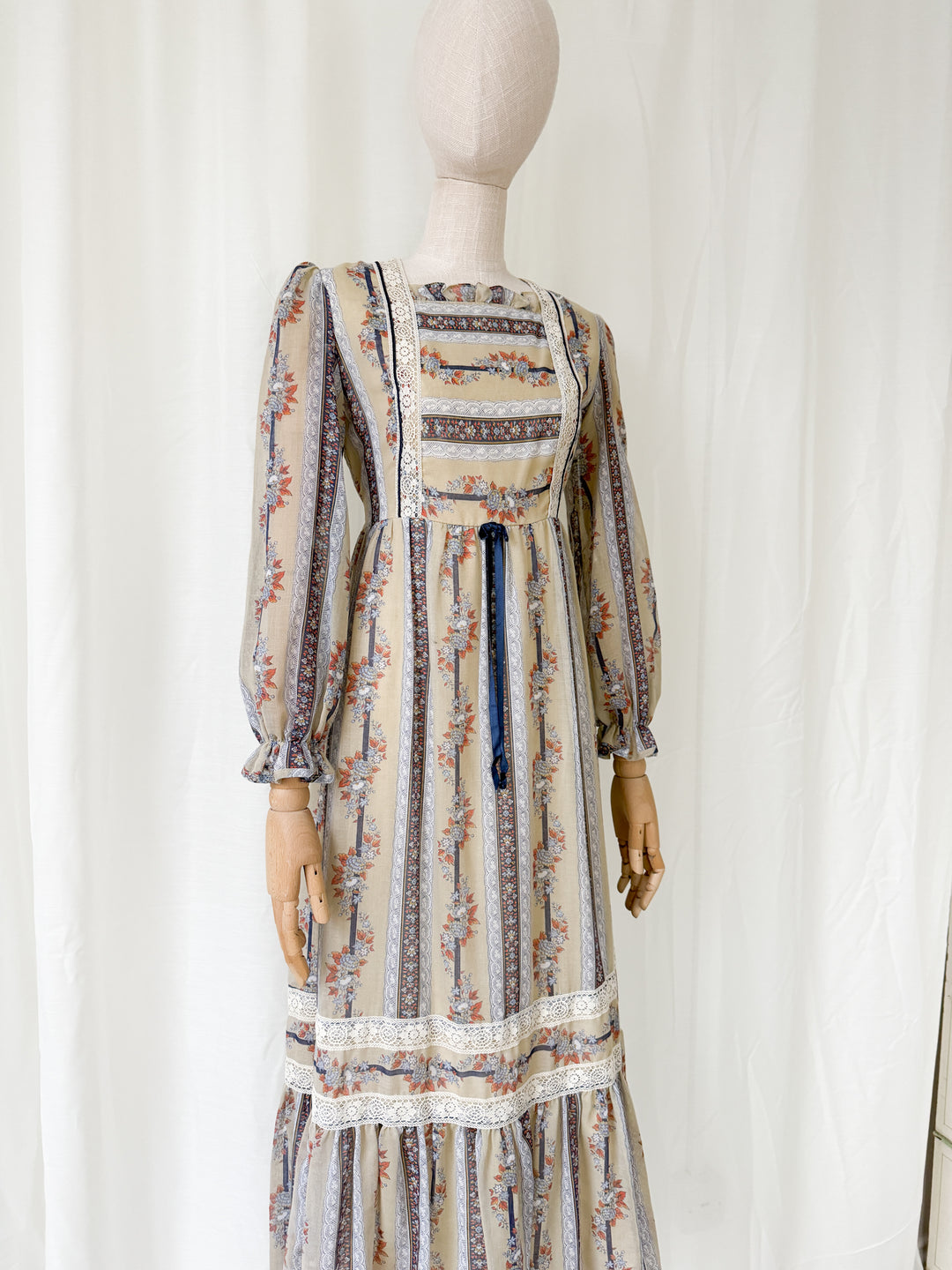 Rustic 1970s Floral Cotton Maxi Dress