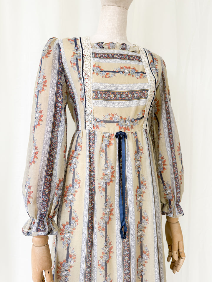 Rustic 1970s Floral Cotton Maxi Dress