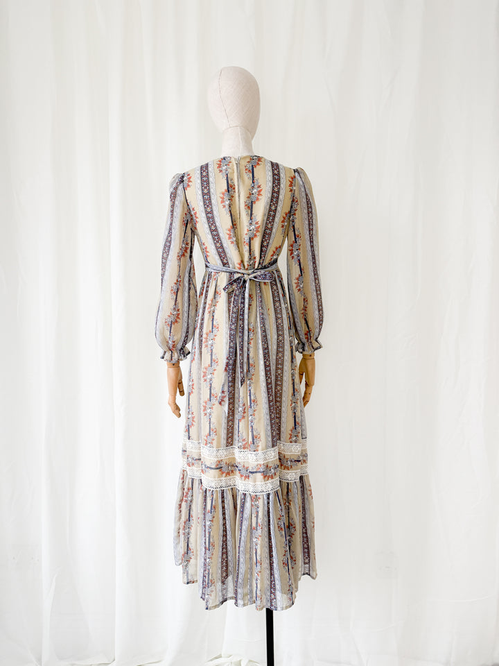 Rustic 1970s Floral Cotton Maxi Dress
