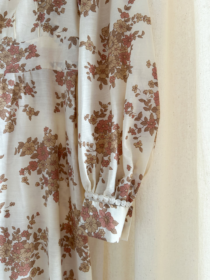 Heavenly Soft Brown Floral 70s Cotton Prairie Maxi Dresss